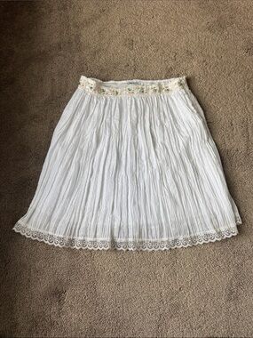 Kaity White Crinkle Gauze Embroidered Lace Hem Boho Peasant Skirt SIZE M Beaded